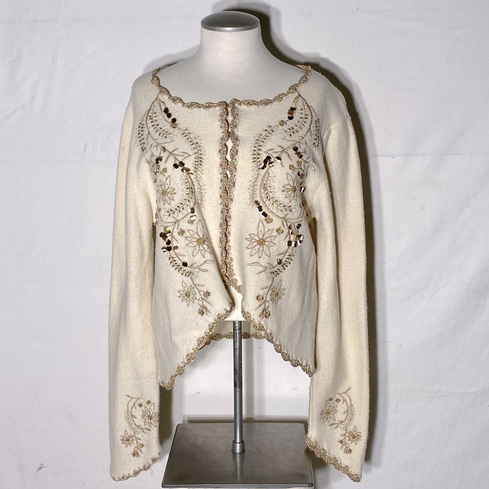 Vintage Mac & Jac Ivory Wool Cardigan With Gold  Decorations And Trim L Boho